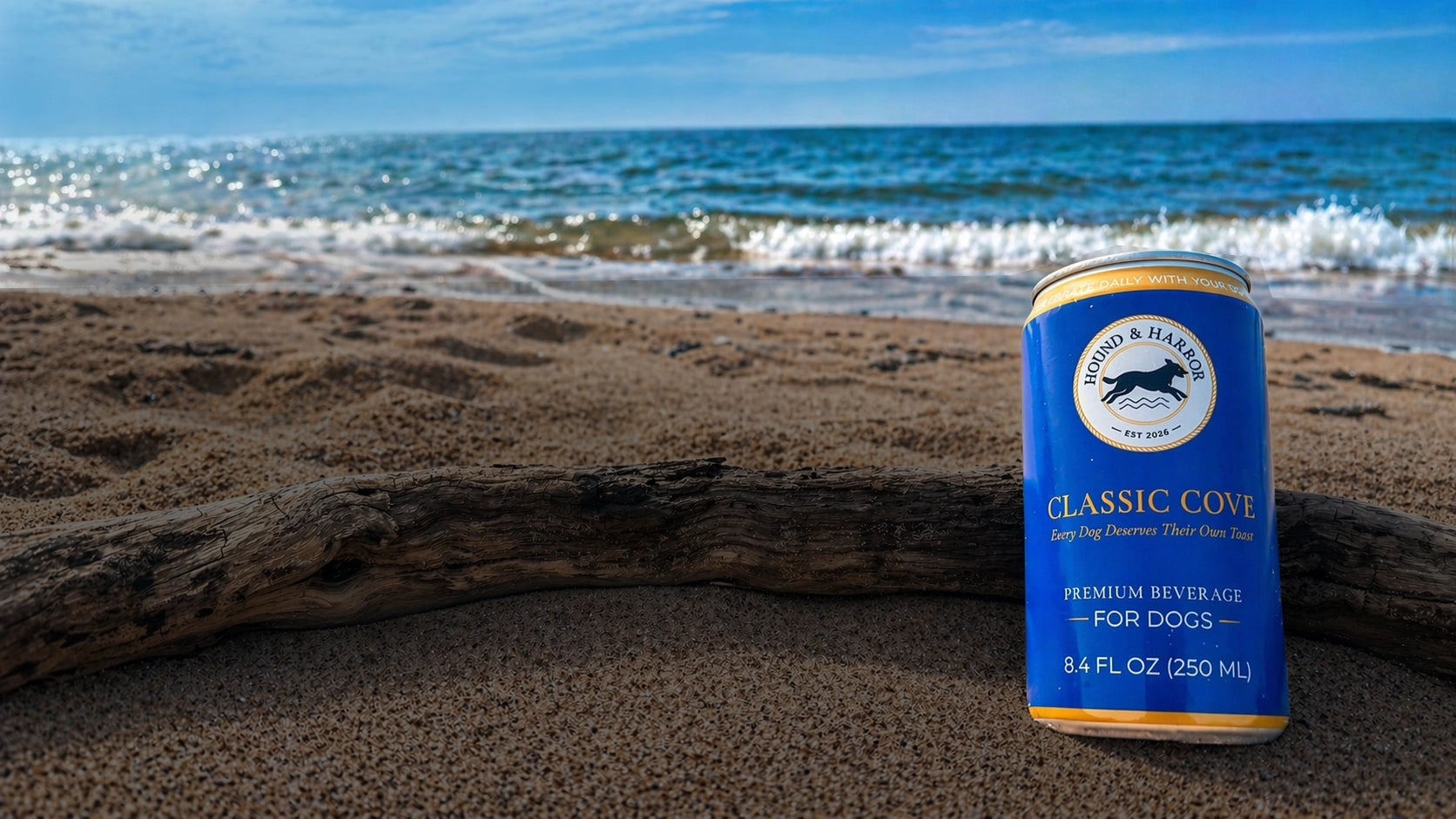 Can of Classic Cove dog beverage on a beach with ocean in the background